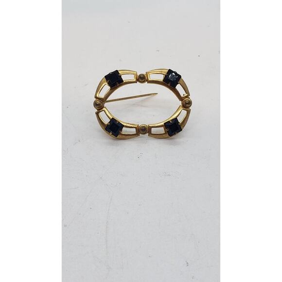 Vintage 10k Gold Plate Brooch Pin Art Deco Oval Openwork Black Rhinestone - Picture 12 of 16